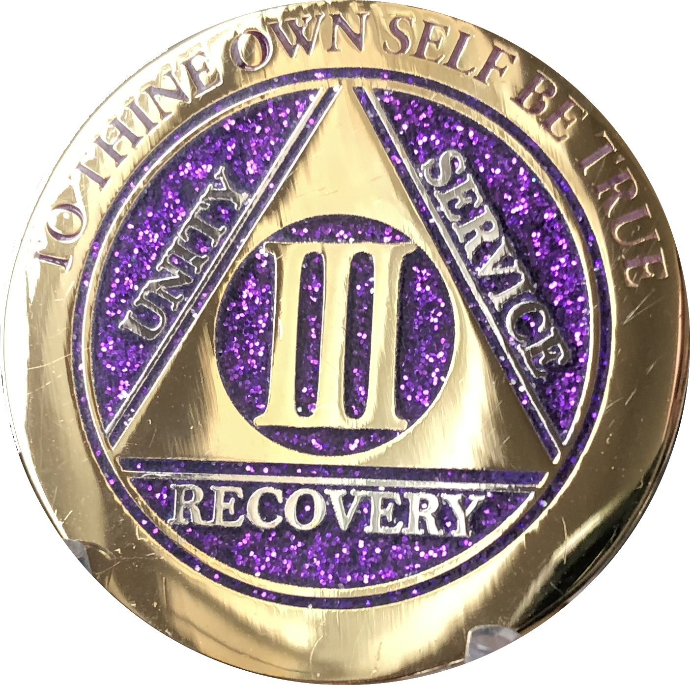 3 Year Aa Medallion Elegant Purple Glitter Gold Plated Sobriety Chip